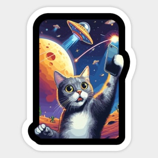 Cute And Funny Cat Selfie With UFOs Behind Sticker